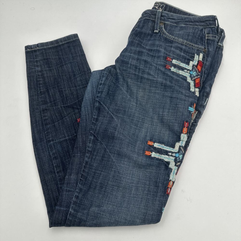 Robin's Jean Embroidered Acid Wash Distressed Blue Straight Jeans Size 29